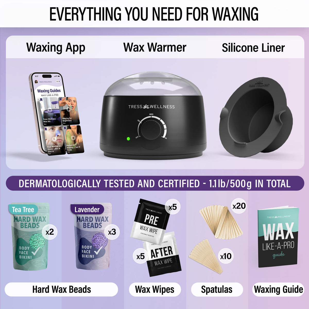 Black Tress Wellness starter waxing kit with hard wax beads, warmer and accessories