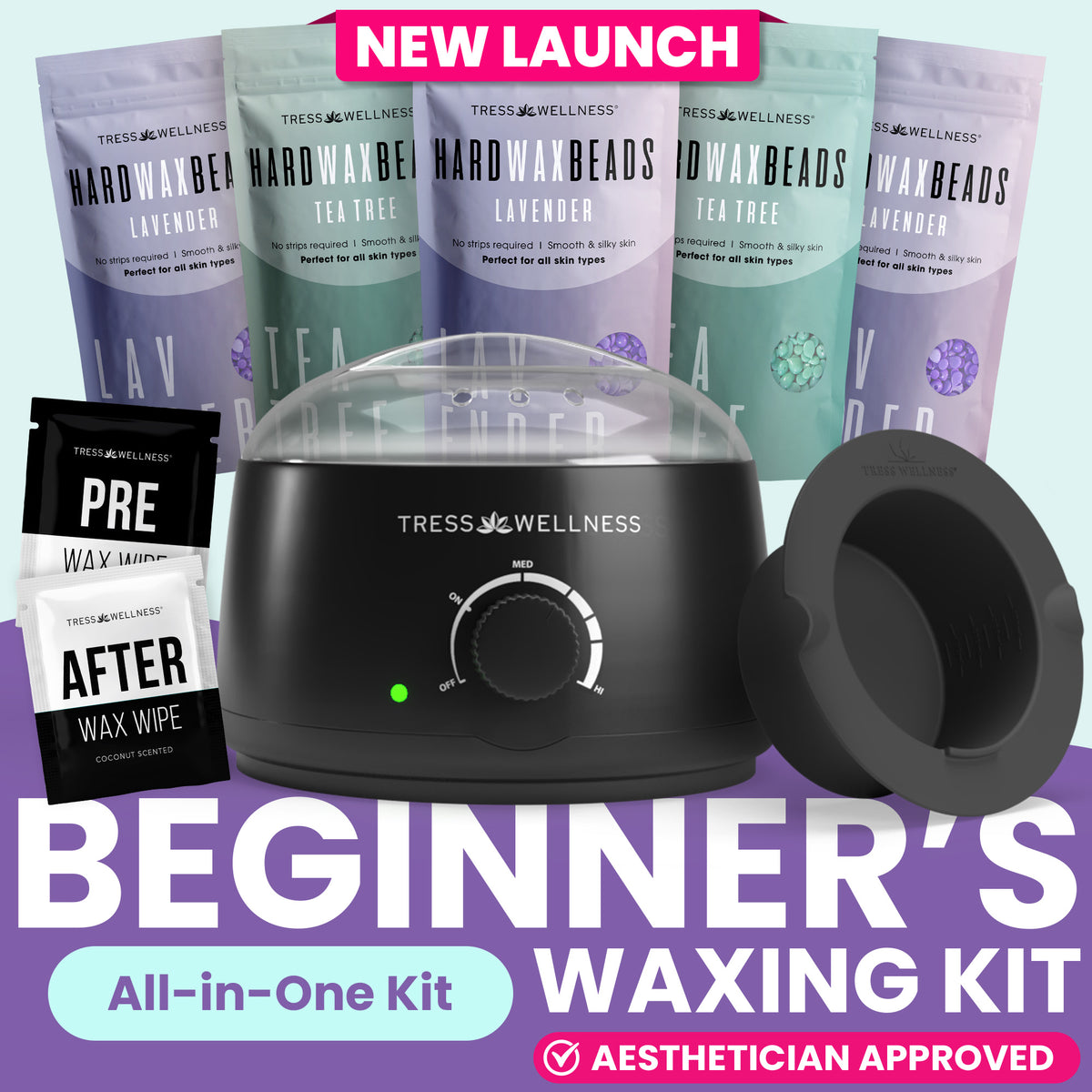 Black Tress Wellness starter waxing kit with hard wax beads, warmer and accessories