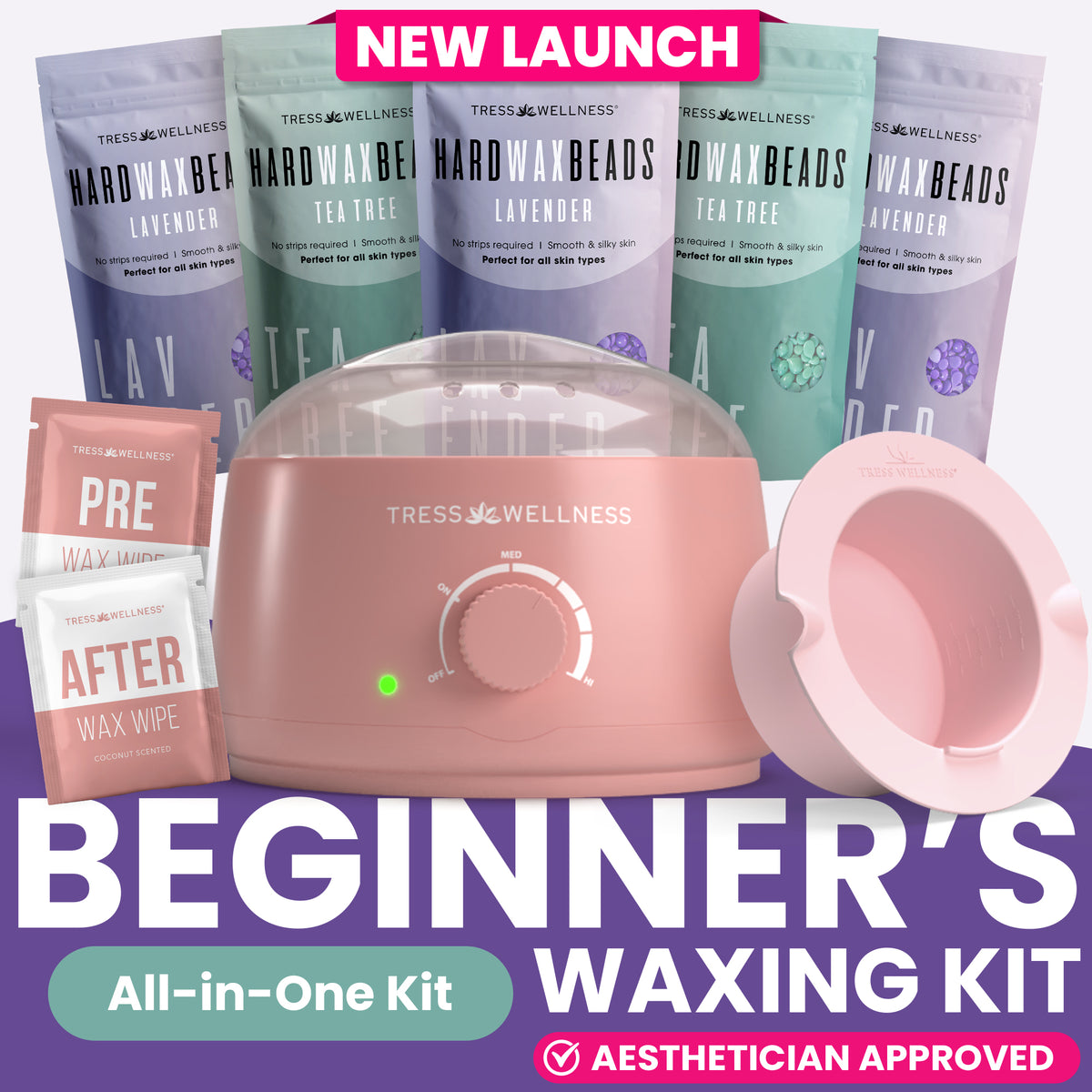 Pink Tress Wellness starter waxing kit with hard wax beads, warmer and accessories