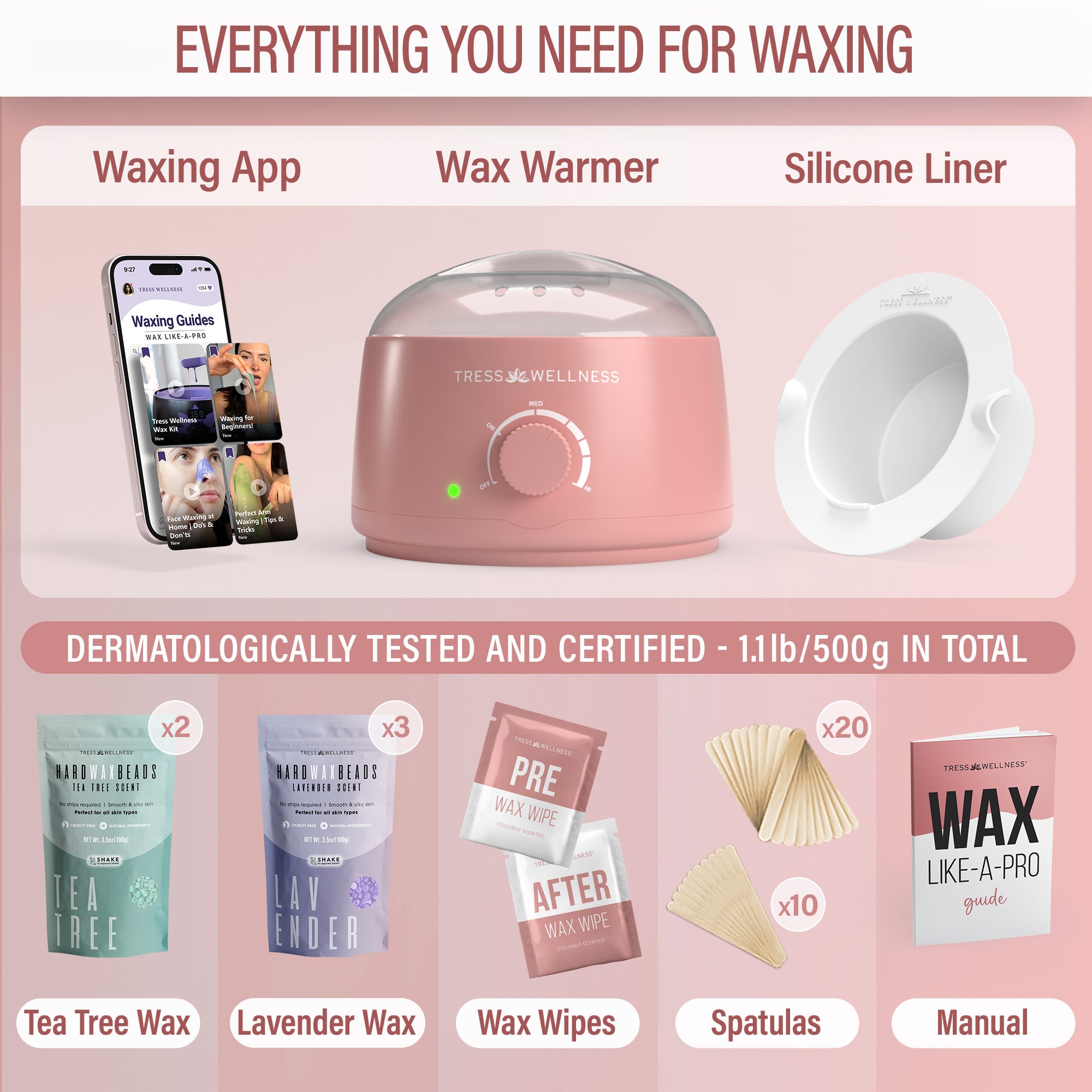 Pink Tress Wellness starter waxing kit with hard wax beads, warmer and accessories 