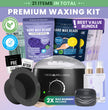 Premium waxing bundle kit with various items including wax beads, wax warmers, and skincare products on a gradient background.