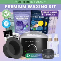 Premium waxing bundle kit with various items including wax beads, wax warmers, and skincare products on a gradient background.