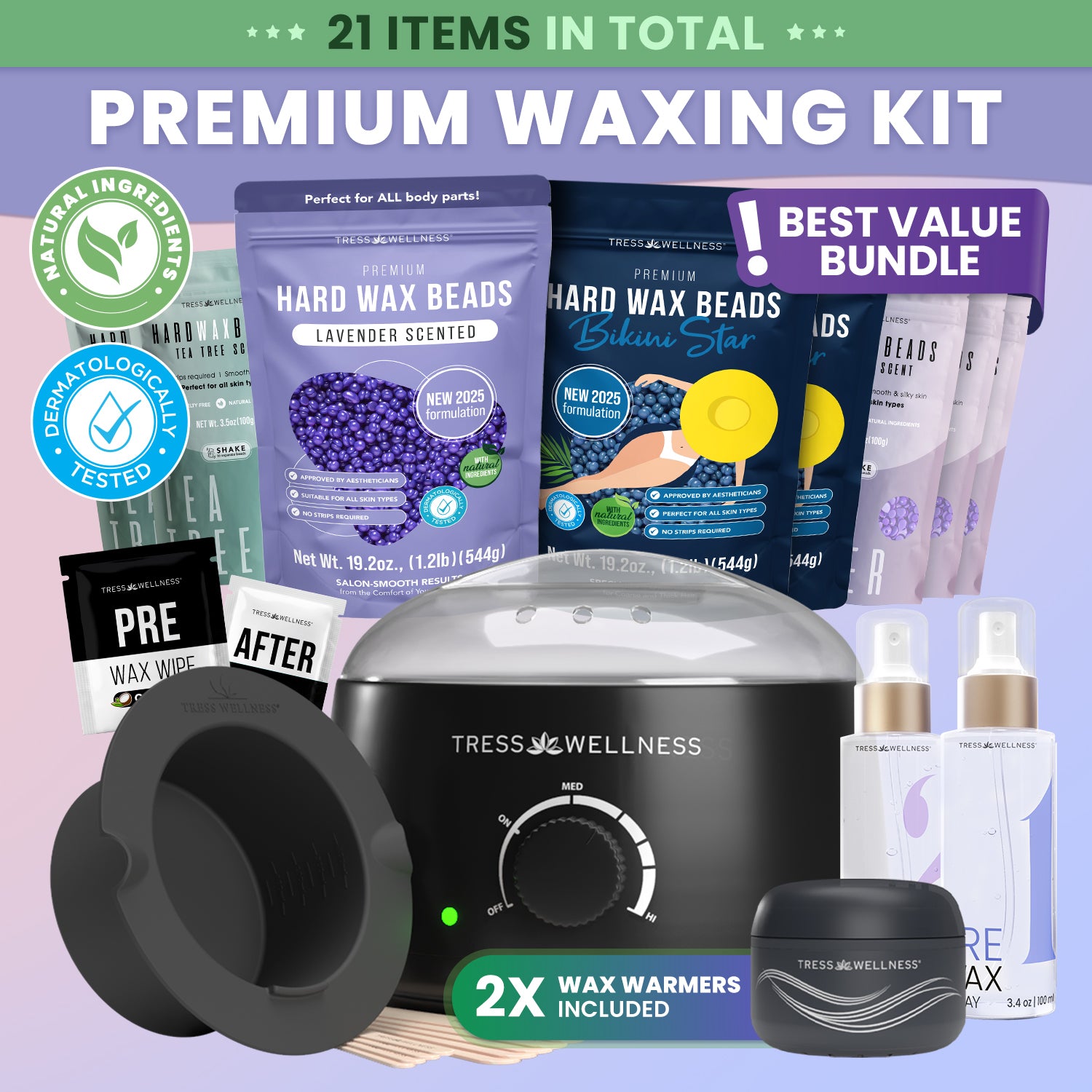 Premium waxing bundle kit with various items including wax beads, wax warmers, and skincare products on a gradient background.