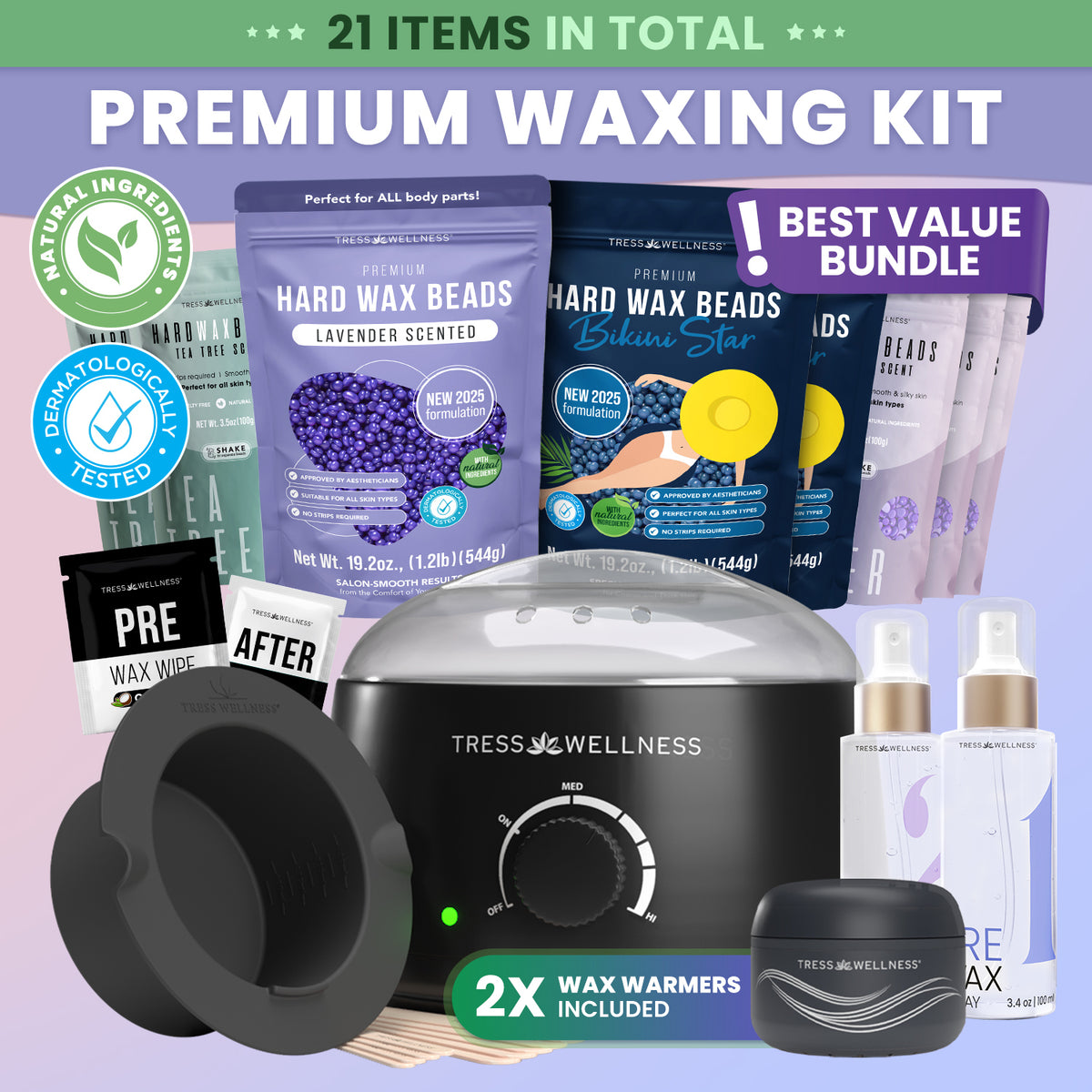Premium waxing bundle kit with various items including wax beads, wax warmers, and skincare products on a gradient background.