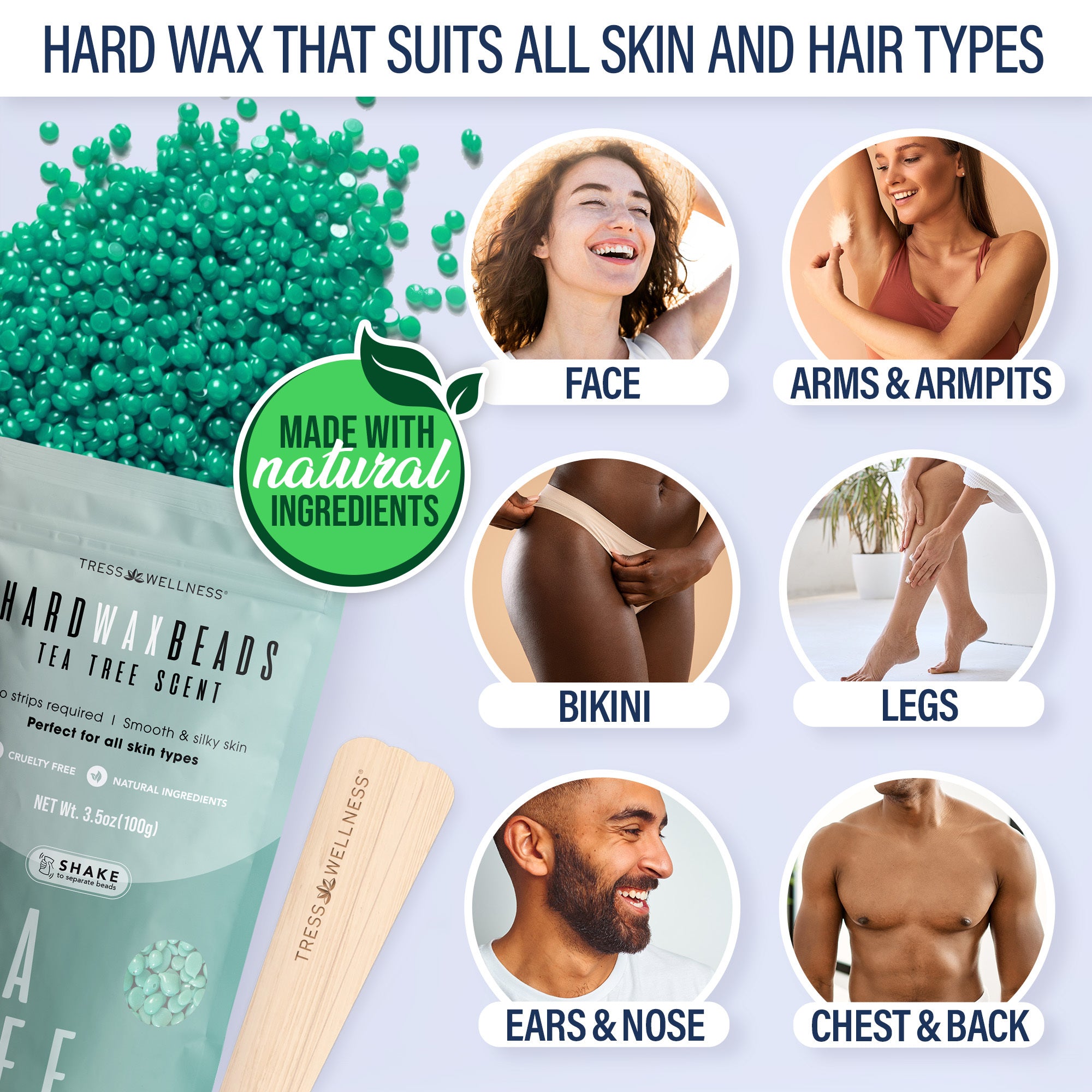 Premium waxing bundle kit with various items including wax beads, wax warmers, and skincare products on a gradient background.