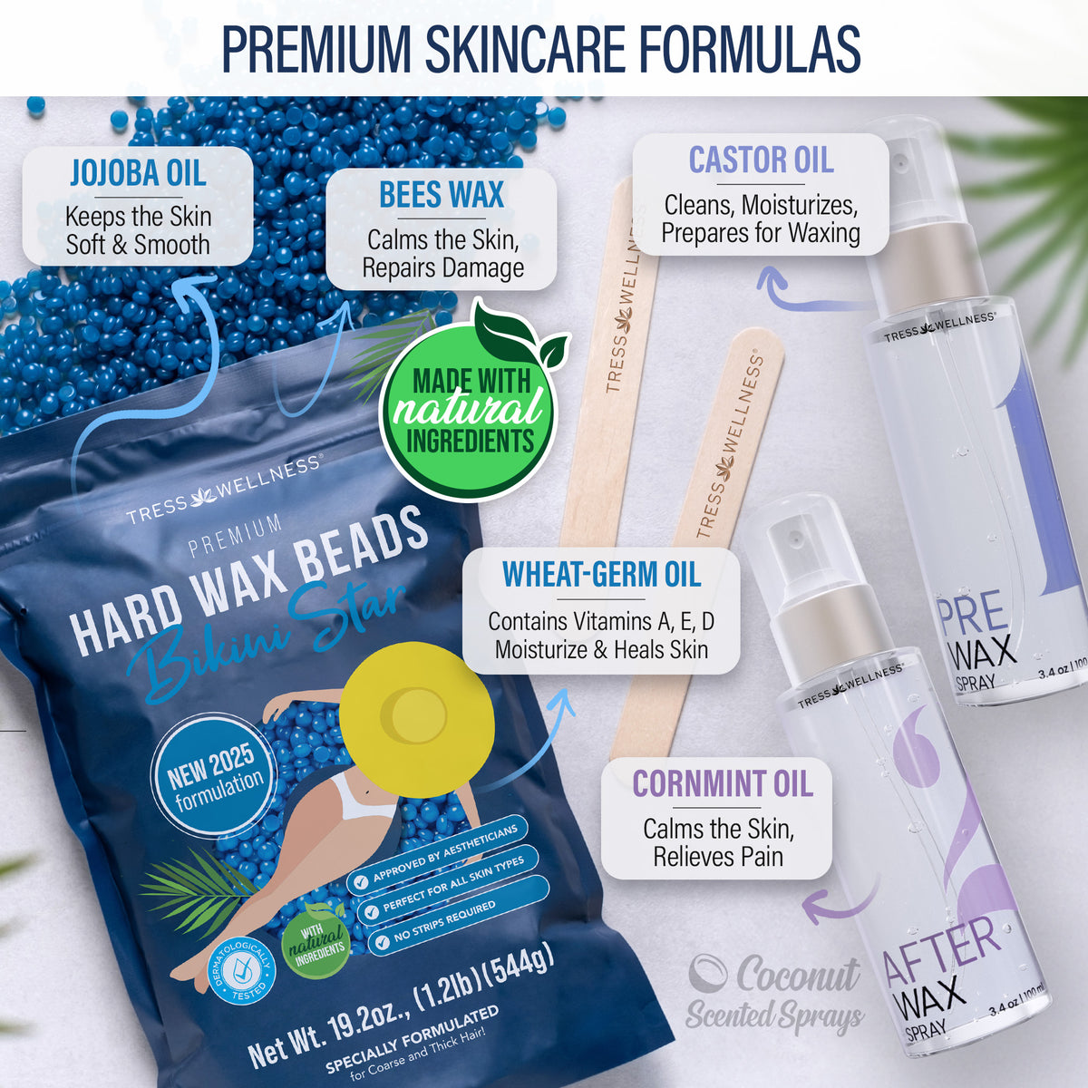 Premium waxing bundle kit with various items including wax beads, wax warmers, and skincare products on a gradient background.