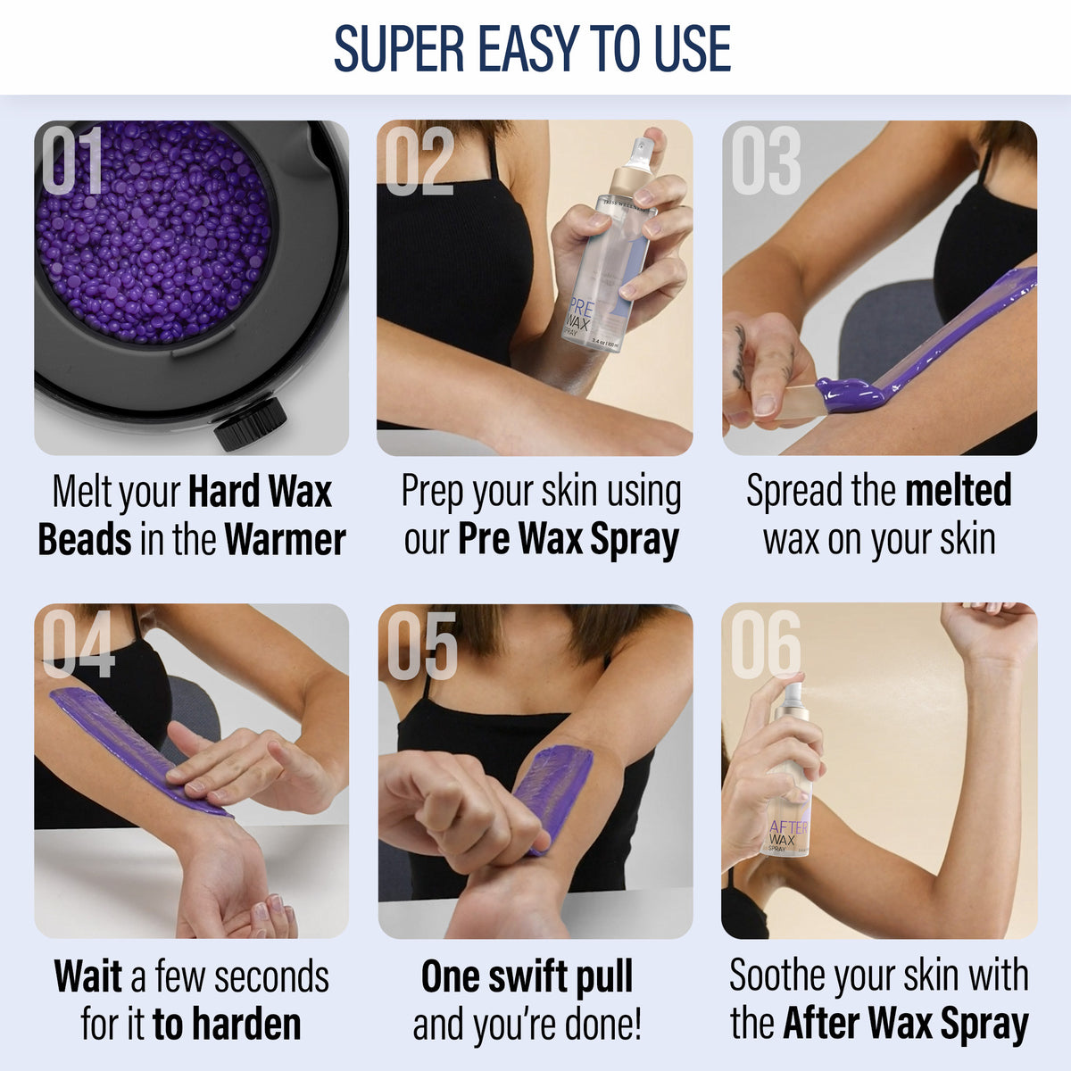 Premium waxing bundle kit with various items including wax beads, wax warmers, and skincare products on a gradient background.
