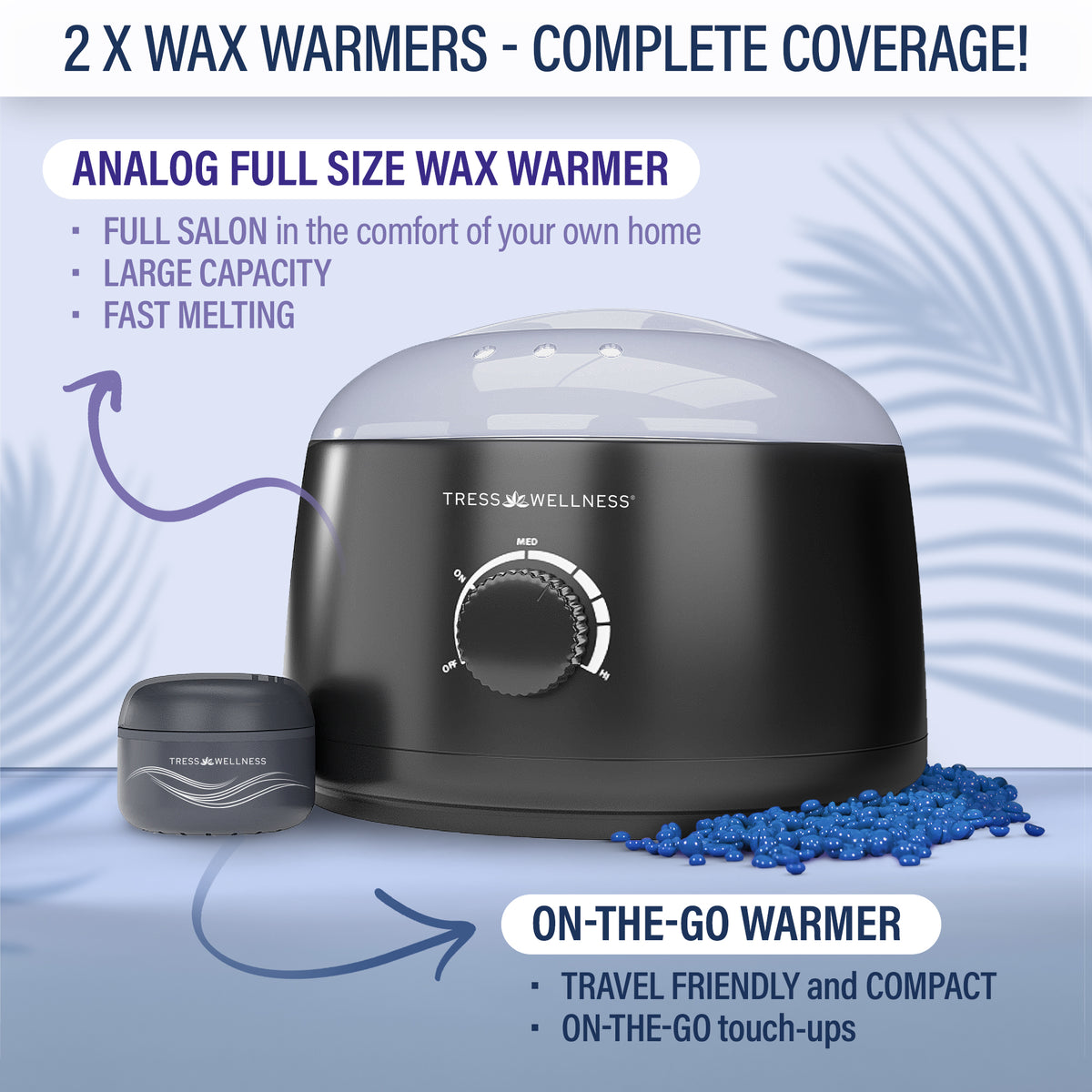 Premium waxing bundle kit with various items including wax beads, wax warmers, and skincare products on a gradient background.