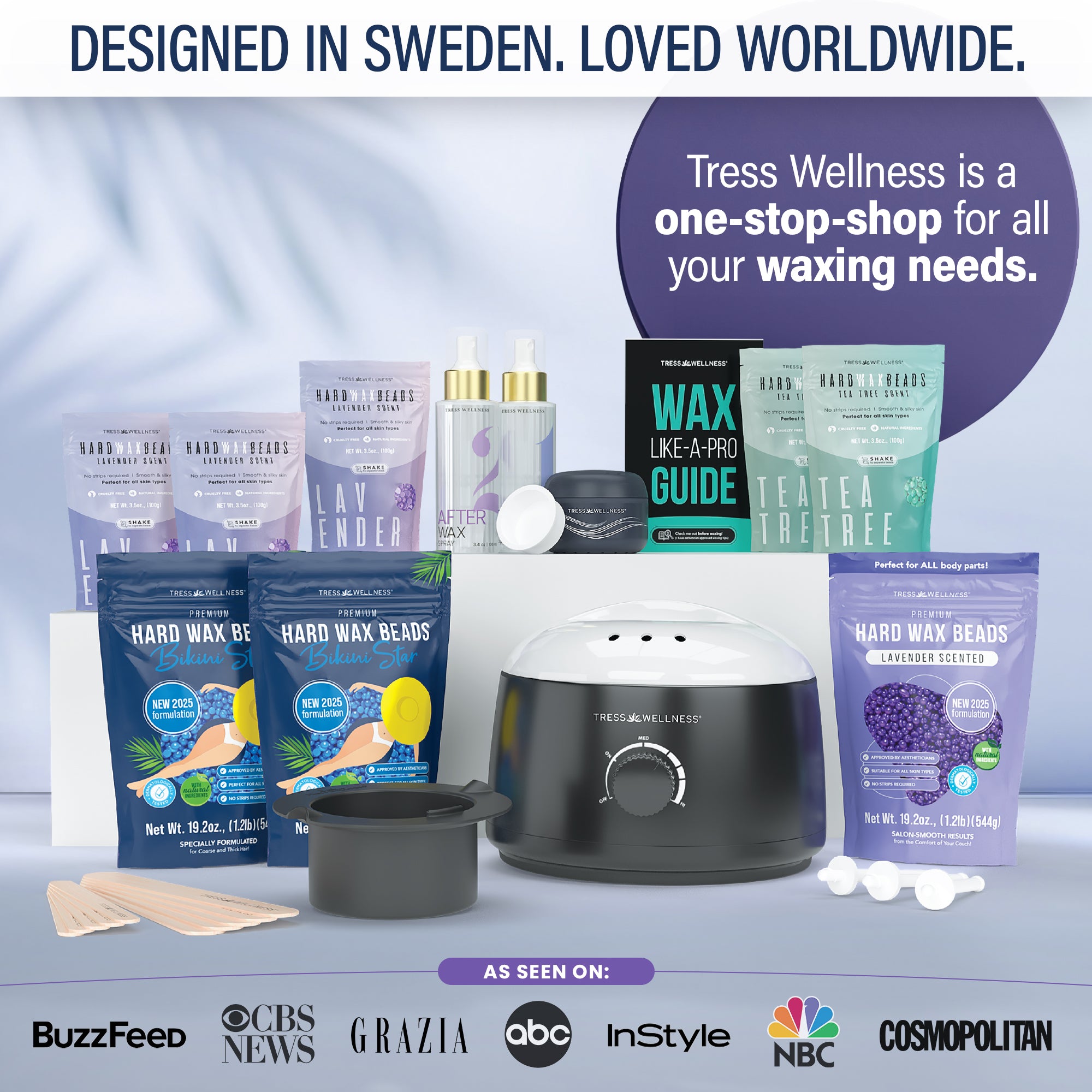 Premium waxing bundle kit with various items including wax beads, wax warmers, and skincare products on a gradient background.